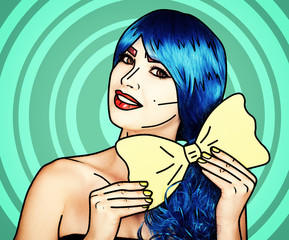 Portrait of young woman in comic pop art make-up style. Girl with yellow bow-tie in hands