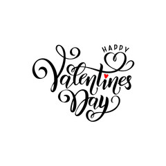 Vector black handwritten lettering Happy Valentines Day. Calligraphy isolated hand drawn text Valentine's Day, red heart