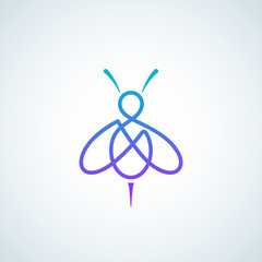 Line Style Bee Abstract Vector Icon, Symbol or Logo Template. Gradient Honey Bee Sillhouette with Retro Typography. Creative Insect Emblem.