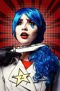 Female with knife near throat. Portrait of young woman in comic pop art make-up style
