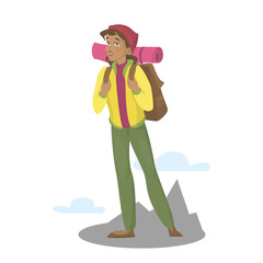 Female character with backpack hiking. Active and healthy
