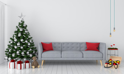 Sofa and christmas tree in living room, 3D rendering