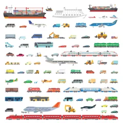 Fotobehang A large set of vector illustrations of various vehicles. Airplanes, ships, trains, cars, tractors, special equipment, buses. Different types and modes of transport. © rlmf