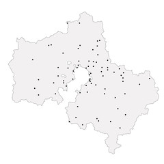 Moscow region outline map with stroke isolated on white background with points of major cities