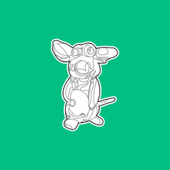 Black and white outline rat with cheese sticker. Outline art. Vector illustration on green background.