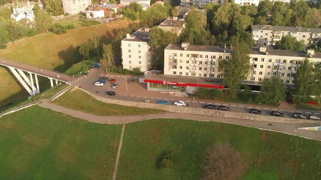 NIZHNY NOVGOROD, RUSSIA - AUGUST 17, 2018: Aerial drone image over Fedorovsky embankment in the city center