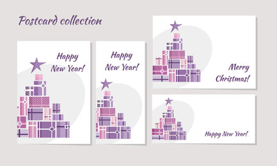 Christmas postcards and banners with pink and violet gifts and stars Christmas tree silhouette White and grey background