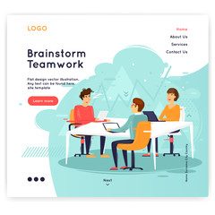 Site template, Teamwork, brainstorming, conference, concept discussion, meeting. Web page design. Website and mobile development. Flat vector illustration in cartoon style.