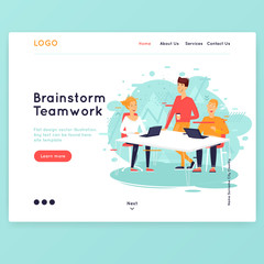 Site template, Teamwork, brainstorming, conference, concept discussion, meeting. Web page design. Website and mobile development. Flat vector illustration in cartoon style.