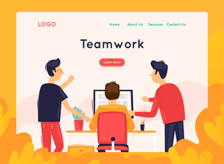 Site template, Teamwork, brainstorming, conference, concept discussion, meeting. Web page design. Website and mobile development. Flat vector illustration in cartoon style.
