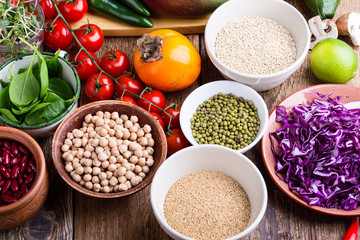 Variety of fresh  vegetables, fruits, dry grains and beans