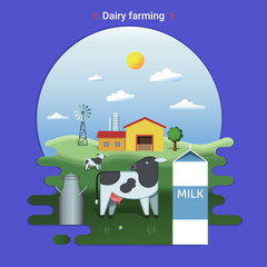Flat farm landscape illustration of dairy farming. Rural landscape with grassland and countryside house. Cow grazes in the meadow.
