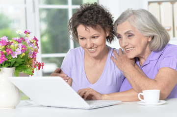 Portrait of cute senior woman with daughter using laptop