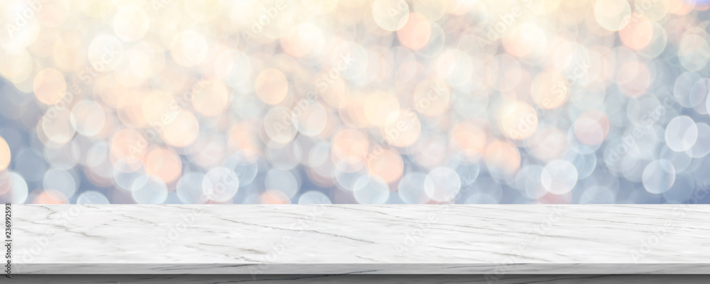 Aufkleber empty white marble glossy table top with blur sparkling soft pastel blue and orange bokeh abstract b