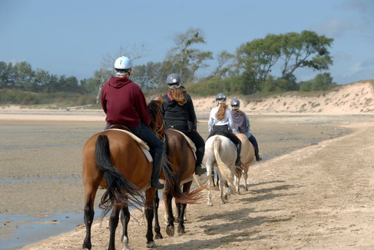 Groupe de cavaliers de dos dans la baie du Mont Saint-Michel, d&eacute;partement de la Manche, Normandie, France		