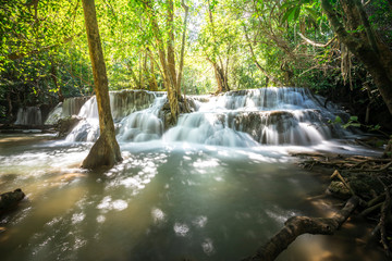 Beautiful of Huai Mae Khamin waterfall at Kanchanaburi, Thailand  with tree forest background. Waterfall Floor 7 