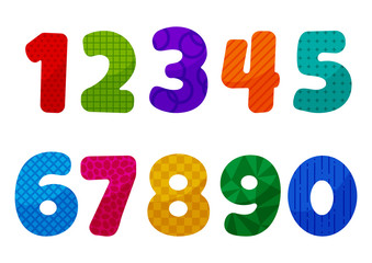 Colorful kids font numbers from 1 to 0 with different patterns. Vector illustration