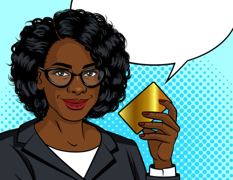 Color vector pop art style illustration. African American business woman holding a gold card in her hand. Lady in an office suit with a credit card in hand. Advertising poster woman with a bank card