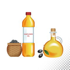 Vector flat icon illustration of sunflower oil, olive oil, sunflower seeds and olives. Colorful objects on a transparent background.