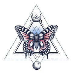 Black Ink. Butterfly, pyramid, half moon and moon. Tattoo Design. Mystical symbol of soul, immortality, rebirth