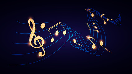 Music Notes and Treble Clef on Swirling tave. Elegant Gold Design Elemant.