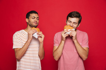 Two delighted men friends standing isolated