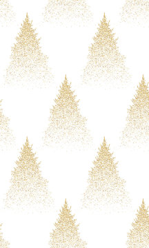 Winter Seamless Pattern with Gold Fir Trees and Pines in Snow. Coniferous Forest. Christmas Decoration.