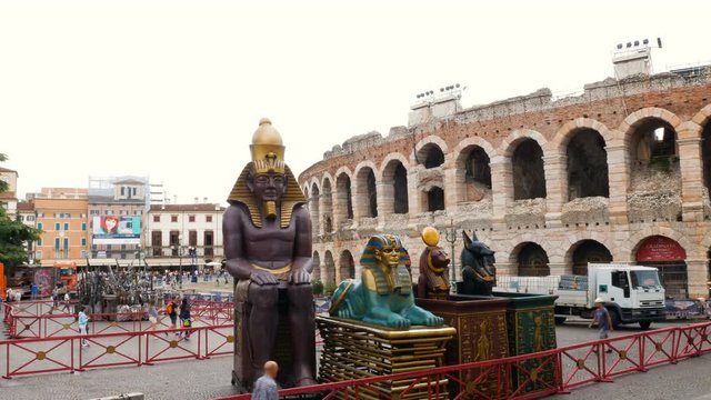 Pieces Of Set Design Of The Aida Opera Are Transported To The Arena For A Show