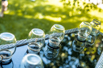 cans empty glass transparent table beverages nature green black