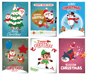 Fototapeta premium Vintage Christmas poster design with vector snowman, reindeer, penguin, Santa Claus, elf, characters.