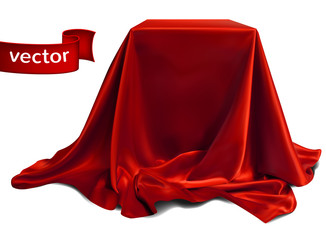 Red silk fabric covering the podium. Beautiful drape. Highly realistic illustration.