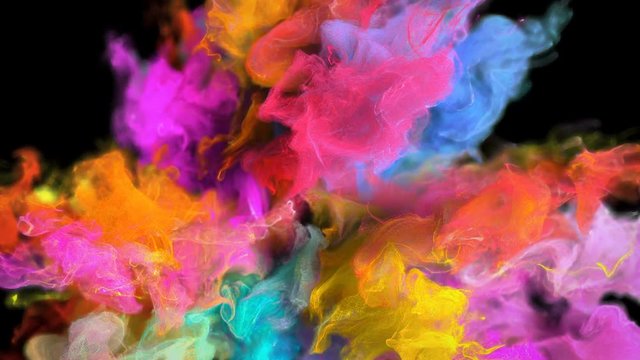 Color Burst - colorful magenta blue pink orange yellow cyan smoke explosion fluid gas ink particles slow motion alpha matte isolated on black macro close-up