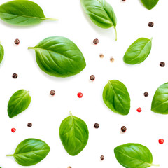 Basil leaves isolated on white background. Top view. Flat lay. Close up.