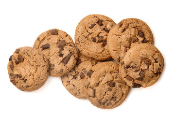 Homemade cookies. Heap of American chocolate chip cookies isolated on white background