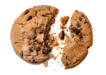  Chocolate chip cookie with crumbs  isolated on white background.  Homemade bakery and dessert