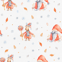 Fototapeta premium Christmas Seamless patternd with Cute cartoon character - Christmas moose and gnome