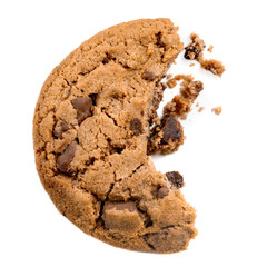  Chocolate chip cookie with crumbs  isolated on white background.  Homemade bakery and dessert
