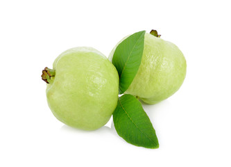 whole fresh guava with leaves on white background