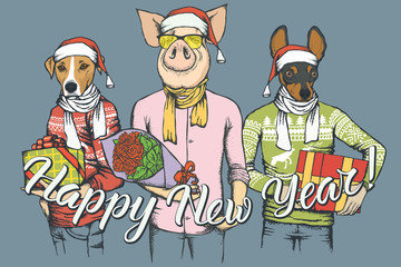 New Year vector concept Pig and two Dogs
