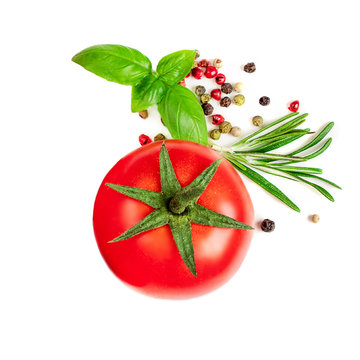 Fresh tomato, basil herb, rosemary  and spices isolated on white background. Top view