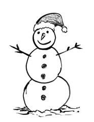 Black brush and ink artistic rough grunge hand drawing of smiling winter snowman with Santa's hat.