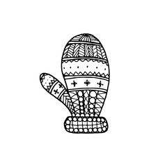 Vector Christmas decorative symbol - mitten. Christmas hand drawing coloring page book for adult