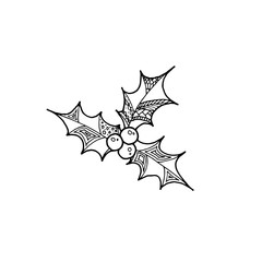 Vector Christmas decorative symbol -  holly. Christmas hand drawing coloring page book for adult