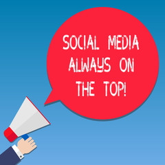 Writing note showing Social Media Always On The Top. Business photo showcasing New digital communication technologies Hu analysis Hand Holding Megaphone Color Speech Bubble