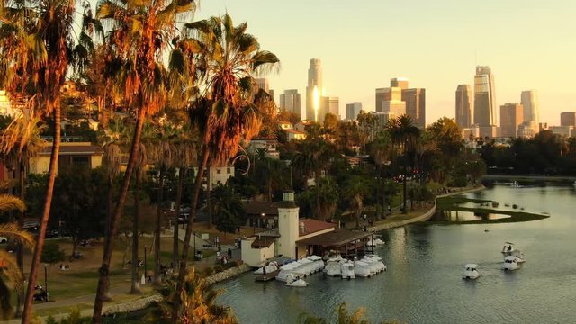 Los Angeles Downtown from Echo Park Aerial Telephoto Shot Sunset