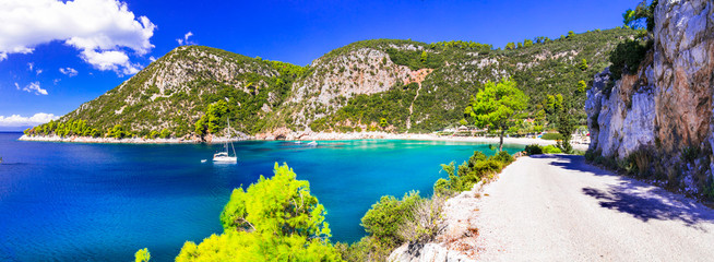 Best beaches of Skopelos island - beautiful Limnonari with amazing bay. Sporades islands of Greece
