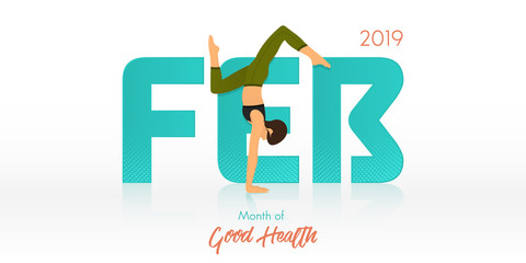 Yoga pose for February banner. Yoga routine header for calendar template. Woman figures exercise in black shirt and green yoga pants  in Month of Good Health concept. Vector Illustration.