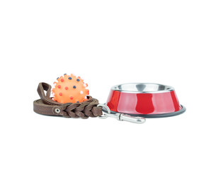 Pet supplies set about stainless bowl,  rubber toys and leather of leashes for dog or cat on white...