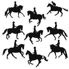 Equestrian. Black and white vector silhouettes of a riders and horses.