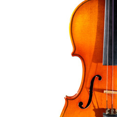 Detail of old violin on a white background